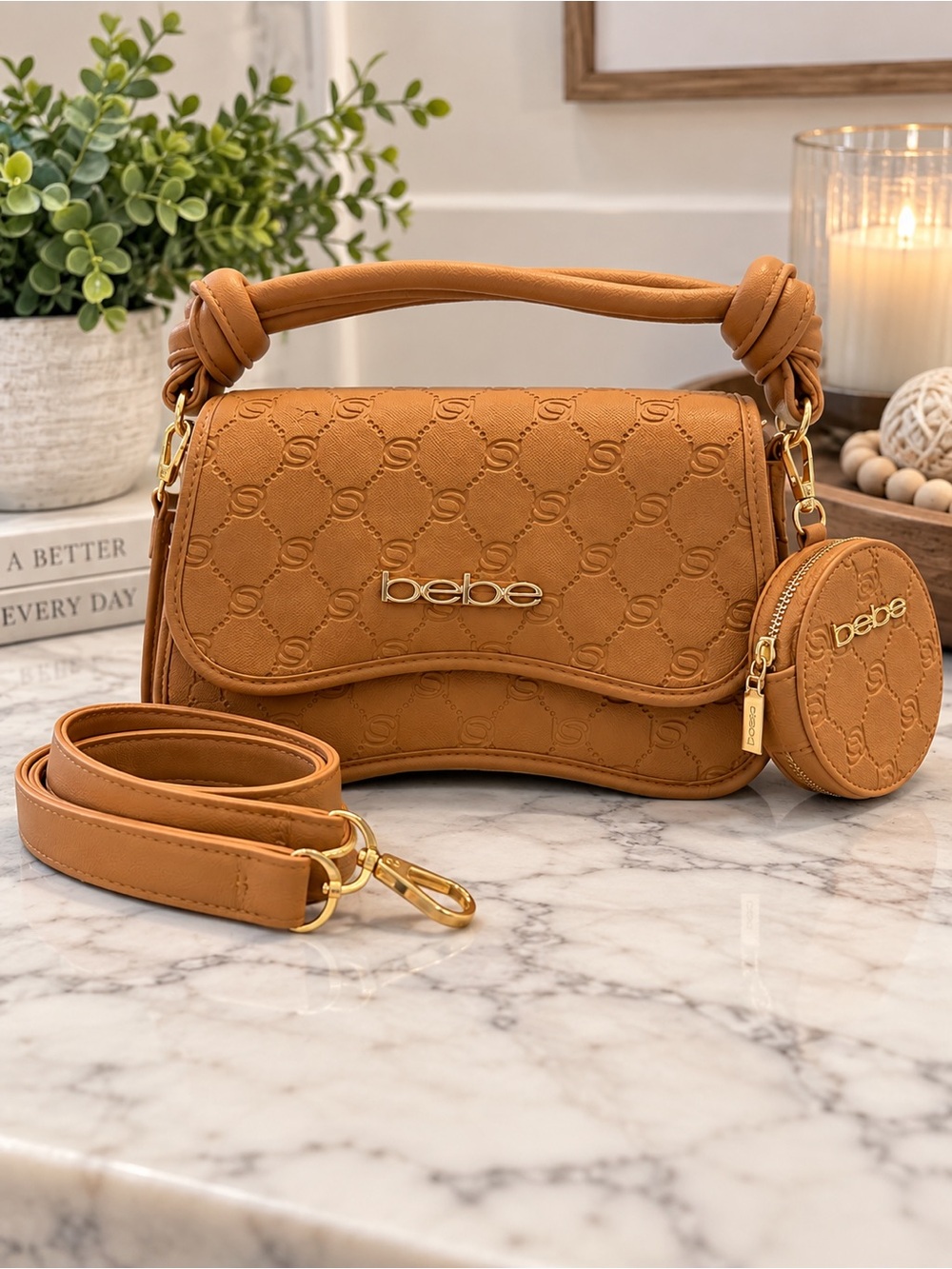 Bebe Monogram Embossed Faux Leather Shoulder Bag Crossbody Purse With Coin Pouch